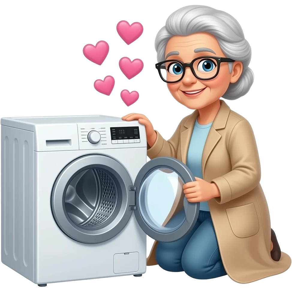 elderly woman in love with her new washing machine emoji