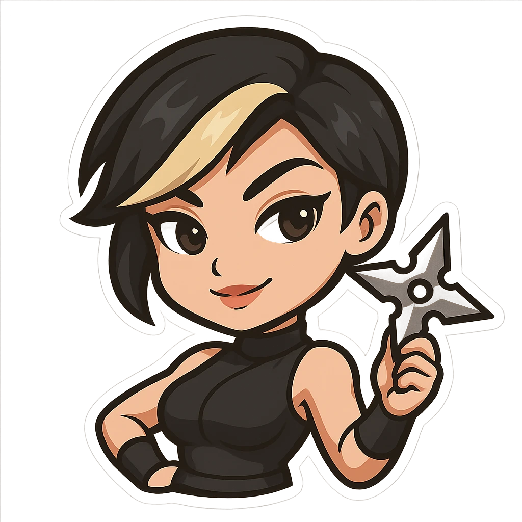 Remove any mask so her face is fully visible. Sexy chibi ninja girl with black short hair and a blonde streak, only head and arms, holding a ninja star in one hand, confident expression, bold outlines, sized for Twitch emoji use. emoji
