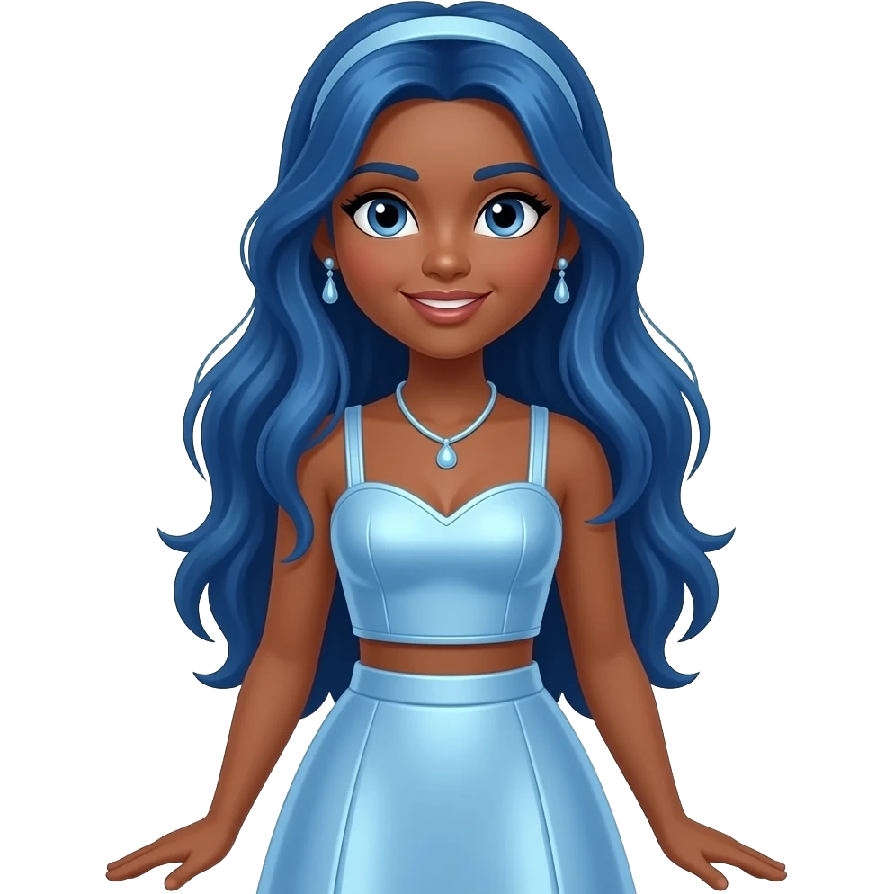 Skyler Bradshaw from Rainbow High with brown skin, blue eyes, long blue hair, light blue metallic sweetheart crop top and long skirt, light blue necklace and earrings emoji