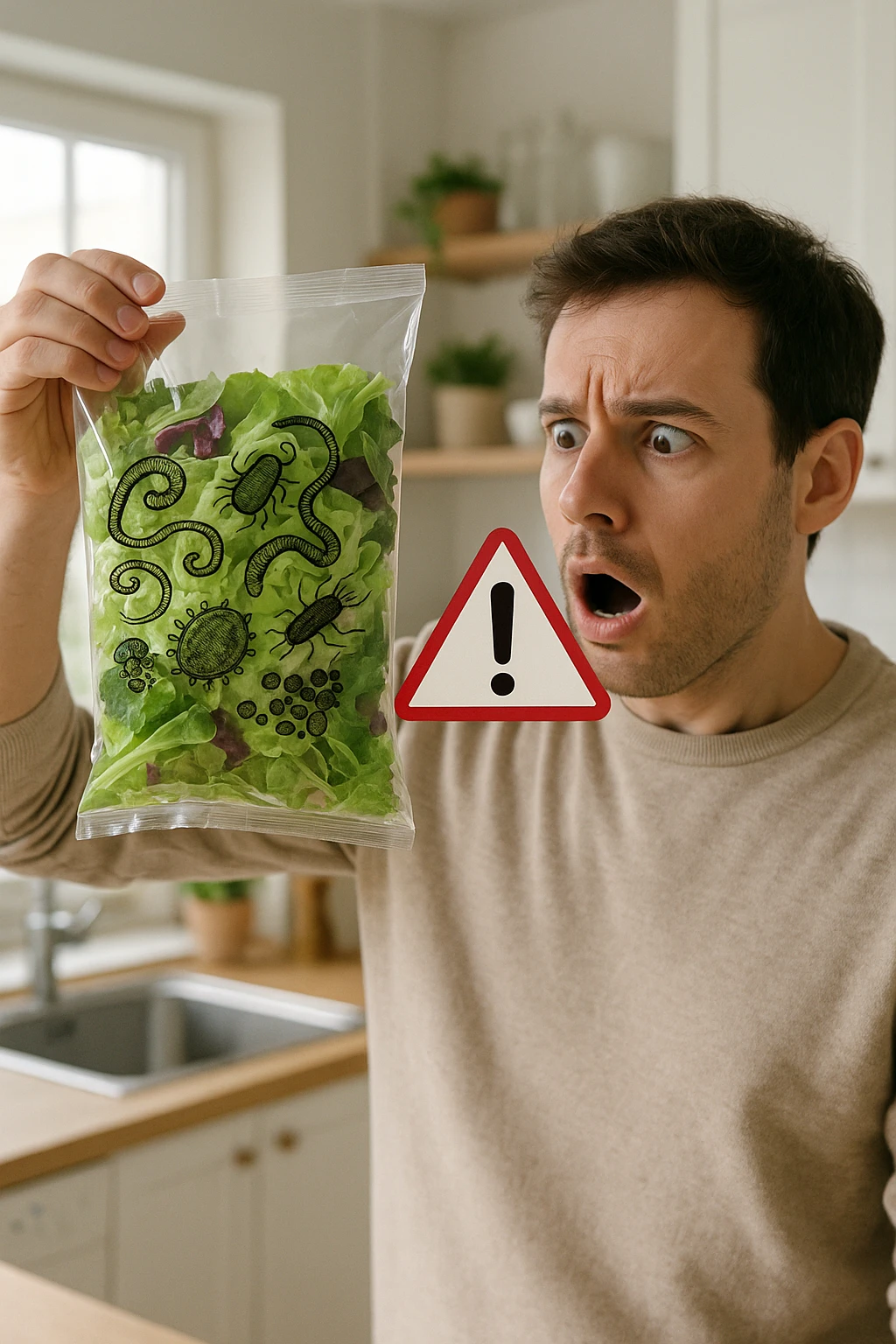 a man with a shocked expression holds a bag of salad greens up to the light. Through the clear plastic, enlarged and detailed images of various parasites and bacteria are visible among the leaves. A red warning triangle with an exclamation mark floats near the bag, emphasizing the health risk. The setting is a bright, everyday kitchen. emoji