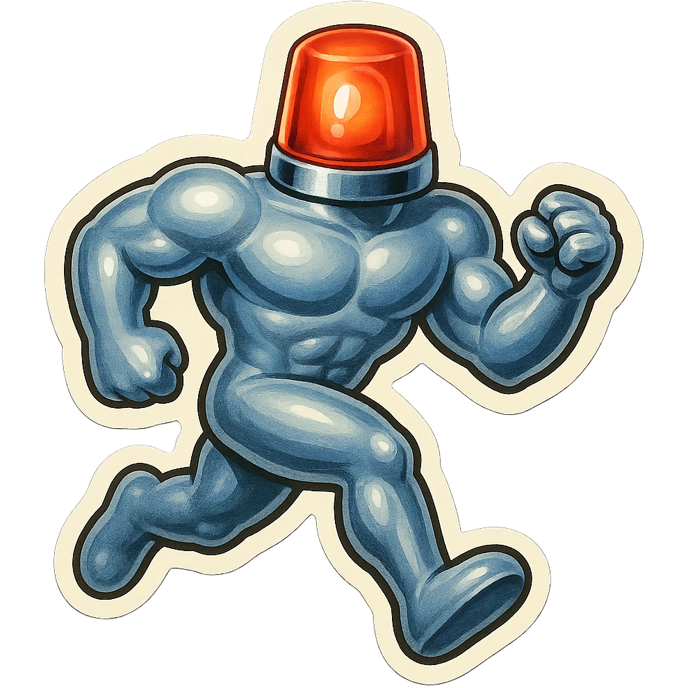 silver muscular robot with a red police light head, running forward, retro stickers style emoji