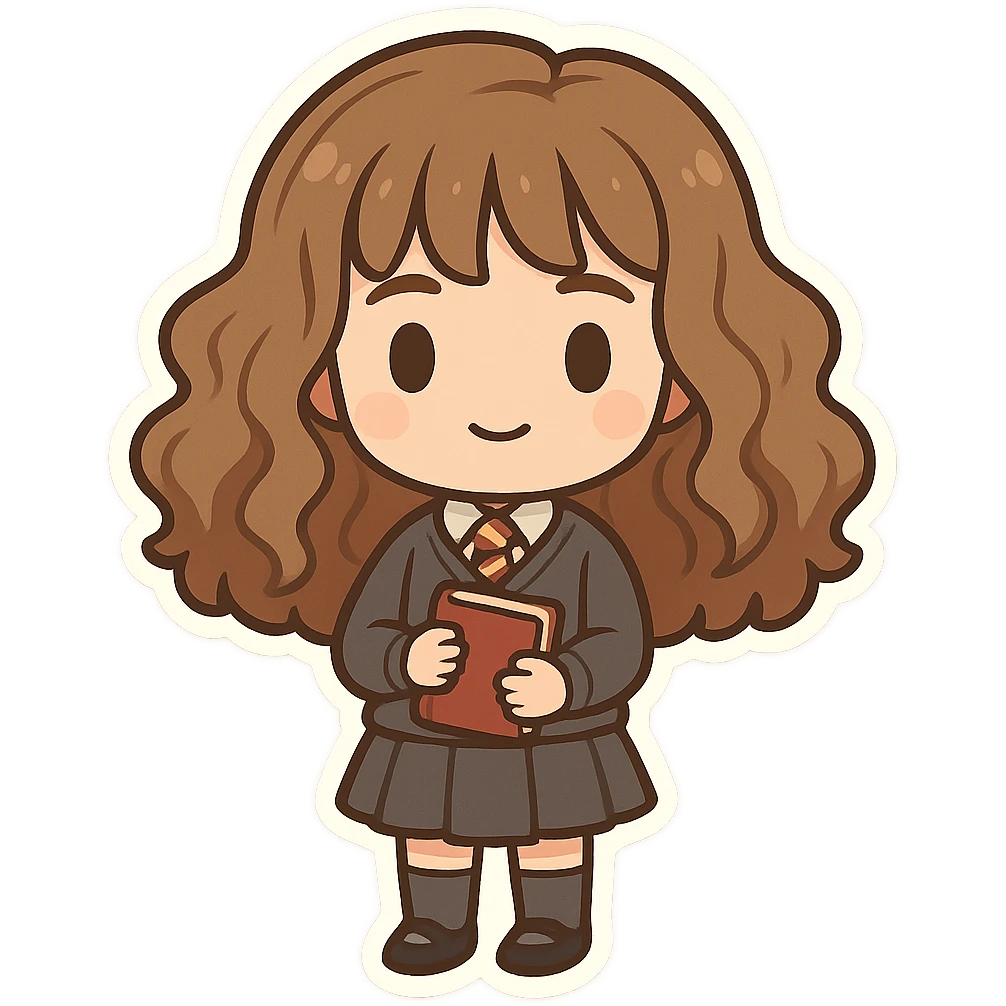 cute chibi character inspired by Hermione Granger with the same proportions as Luna Lovegood chibi, voluminous brown hair, Hogwarts uniform including sweater, tie, skirt, socks, and shoes, holding a book, transparent background, same style as references emoji