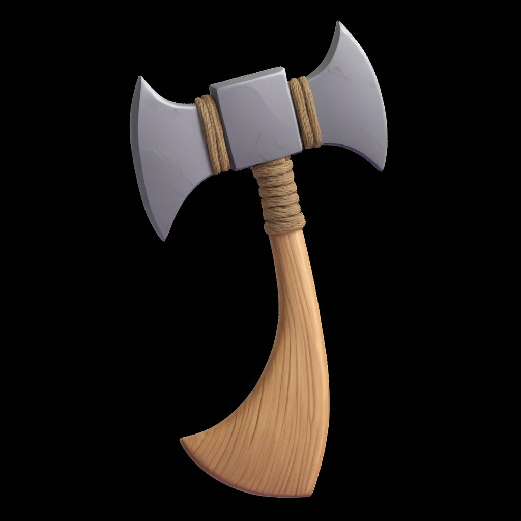 3D emoji style cartoon Stone Age hand axe, featuring a rough gray stone blade, textured wooden handle, and thick rope binding. Centered on a white background, with soft shadows and glossy highlights for a 3D emoji-like appearance. emoji