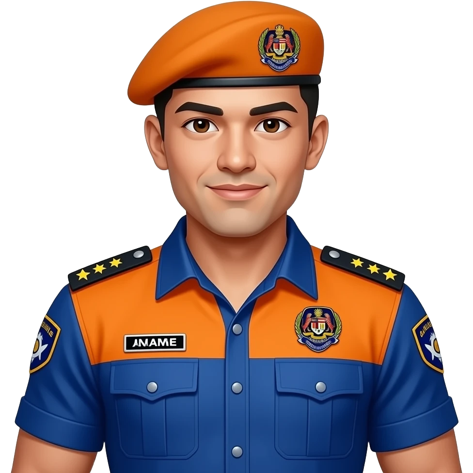 A shredded muscular fit men, wearing a blue & orange digital uniform, with an orange beret, with Malaysia Civil Defense Force logo emoji