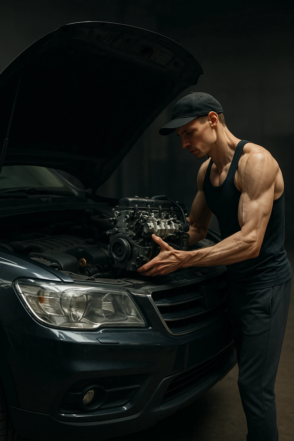 a lean, slimmed-down bodybuilder in gym clothes stands beside a large, imposing car (like an SUV or luxury sedan) with the hood open. Con attenzione e un po’ di fatica, solleva e installa un piccolo motore nel grande vano motore dell’auto. Il contrasto tra la stazza dell’auto e la dimensione ridotta sia del motore che del bodybuilder è evidente. L’atmosfera è riflessiva e simbolica. emoji