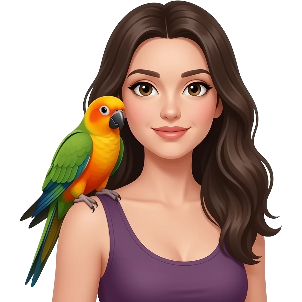 Sun conure parrot but with green wings and a green indian ringneck parrot on  brunnete girl emoji