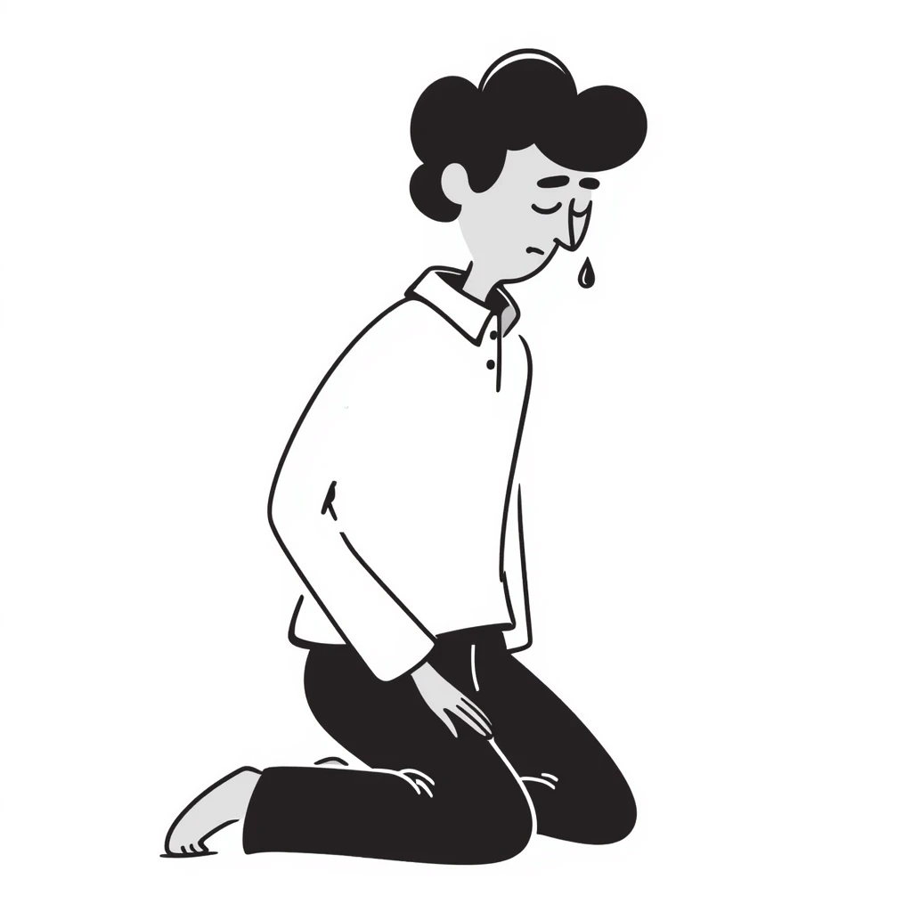 sad Asian man kneeling, crying emoji