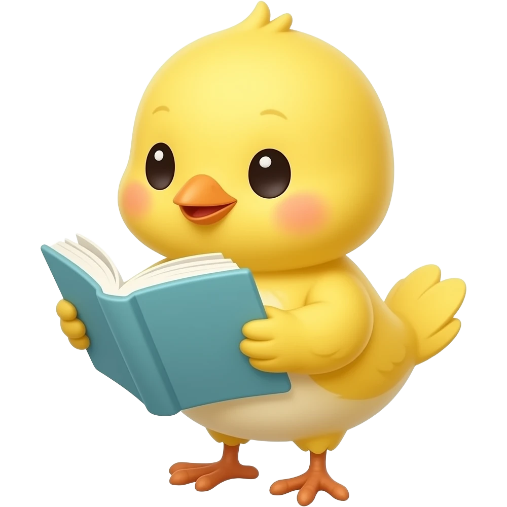 lovable small yellow bird reading a book. the image must be a transparent .png emoji