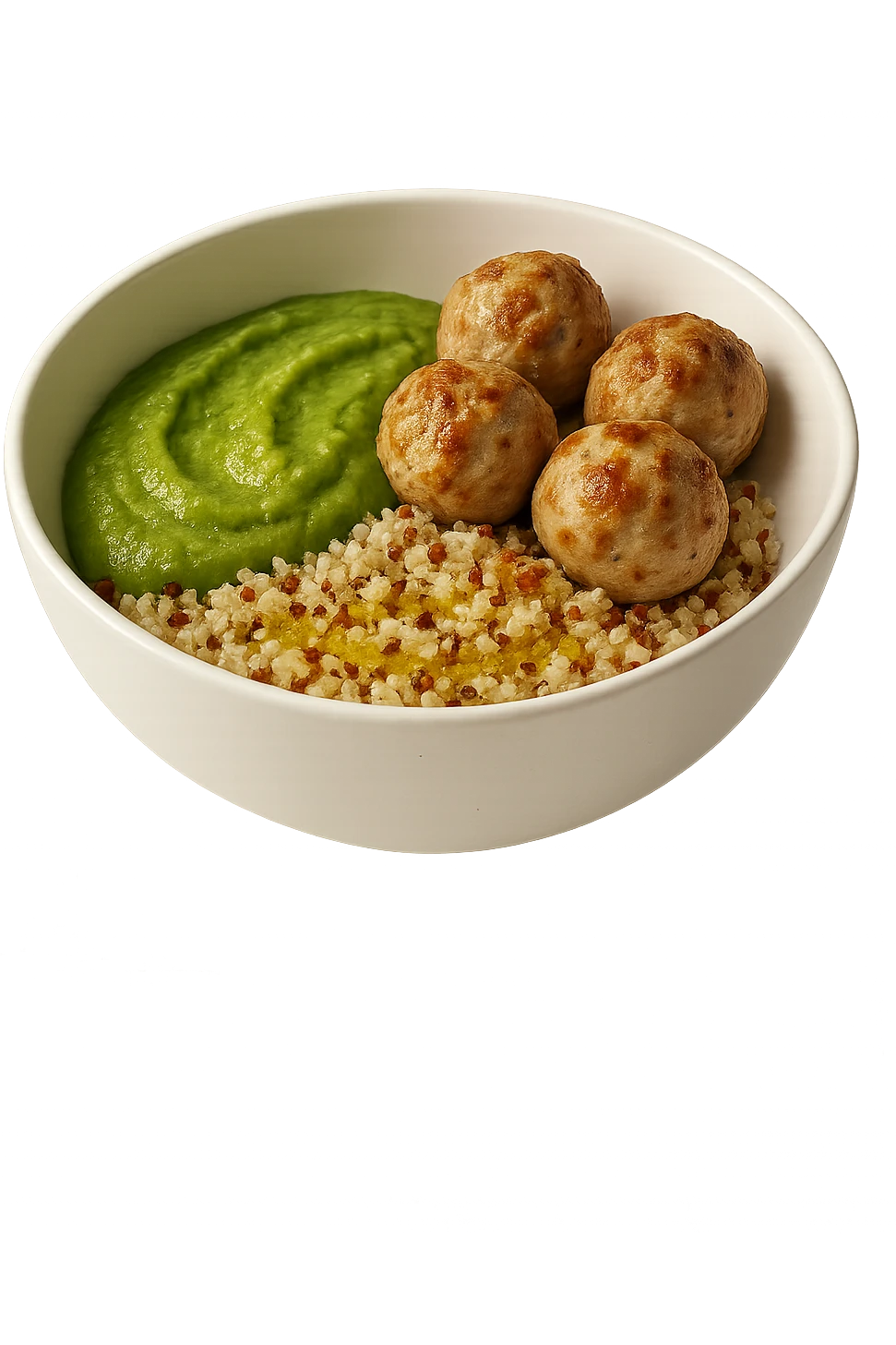 bowl bianca fluttua in aria con polpette di tacchino, purè di zucchine, quinoa e olio di oliva, iperrealistico 4k emoji