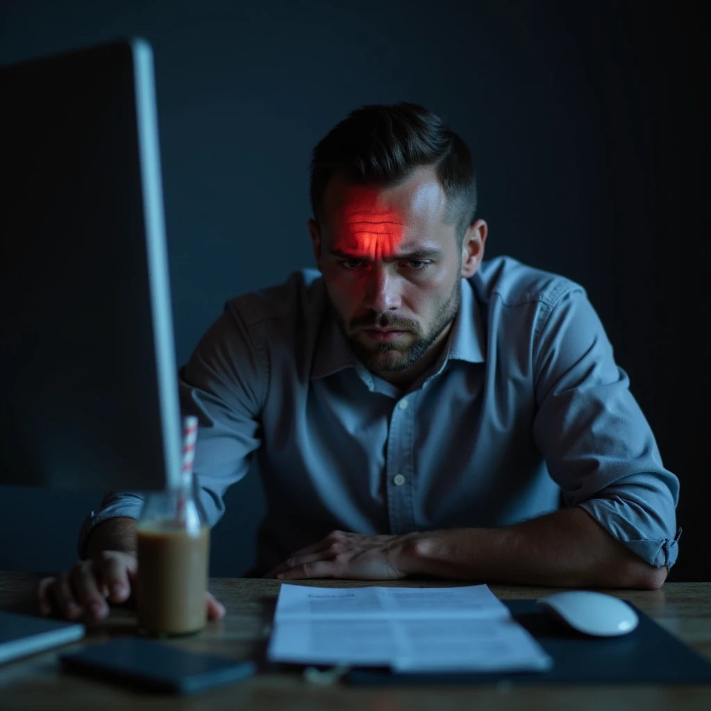 realistic exhausted man at desk late night, paperwork, energy drinks, glowing screen, fatigue, dark circles, slouched posture, faint red glow on head and gut, cold lighting, burnout health risk emoji