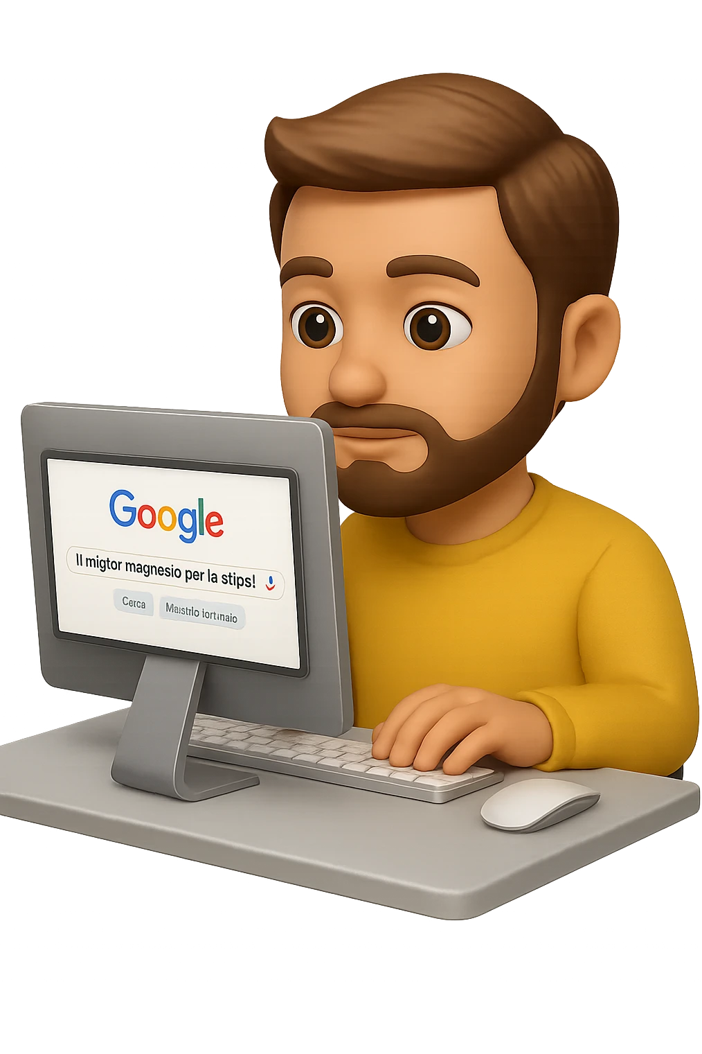 emoji stile iphone di un uomo davanti al pc che cerca di google: "Il miglior magnesio per la stipsi", iperrealistico 4k emoji