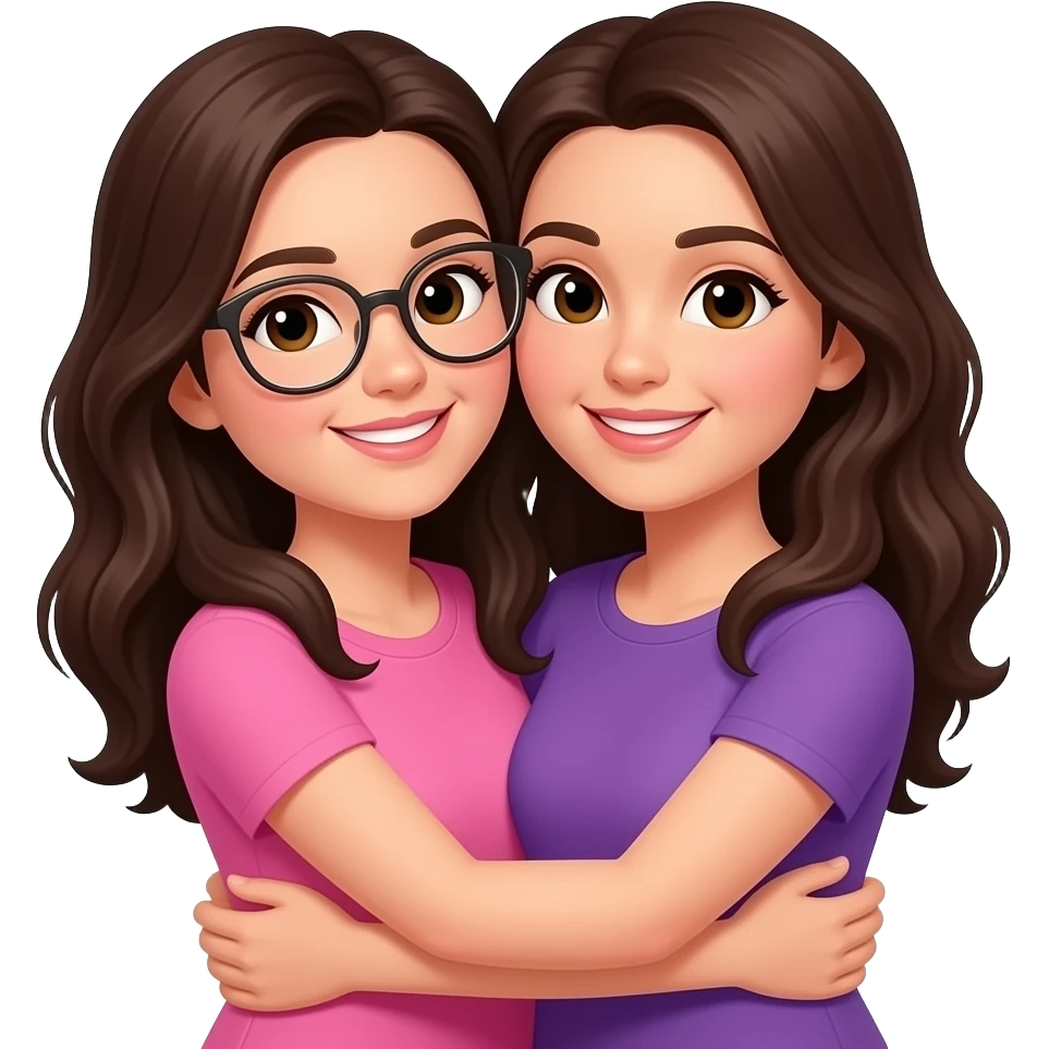 Two women with dark brown hair, one with glasses wearing pink and the other wearing purple,  hugging, a besties emoji emoji