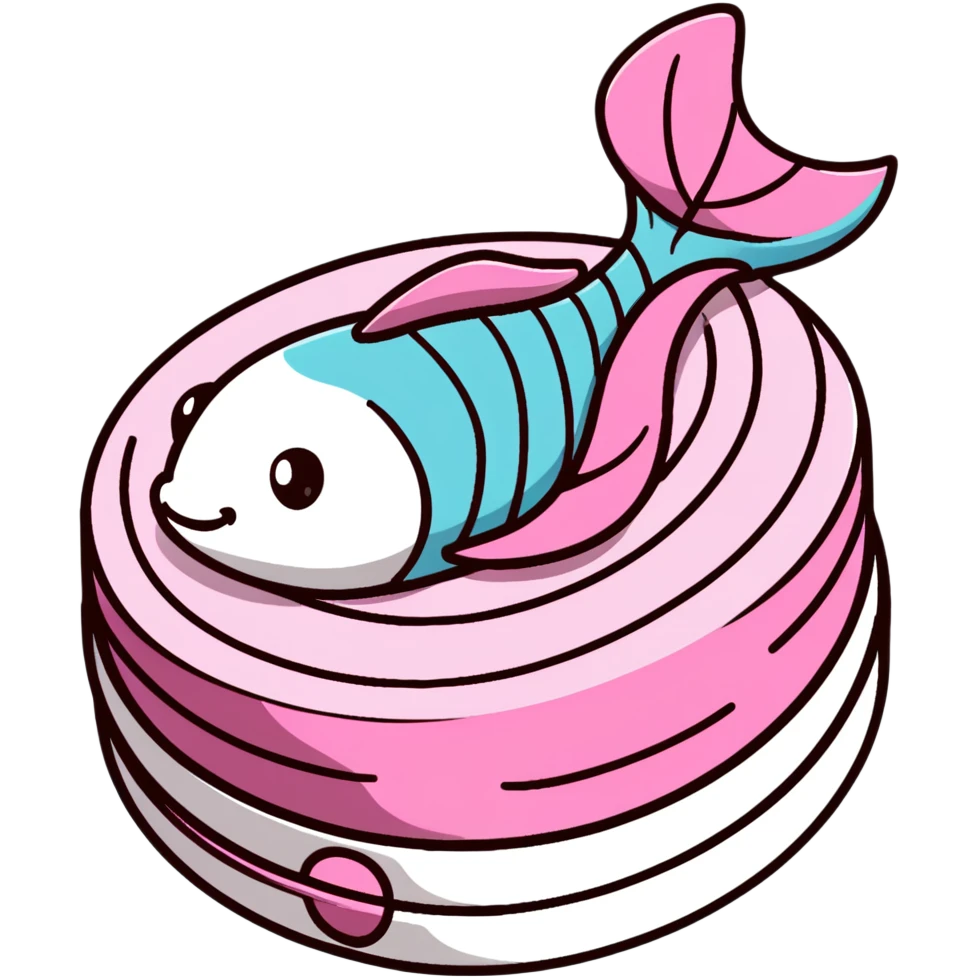 cute fish cake with pink swirl, white base with pink spiral pattern, narutomaki, kawaii Japanese food emoji