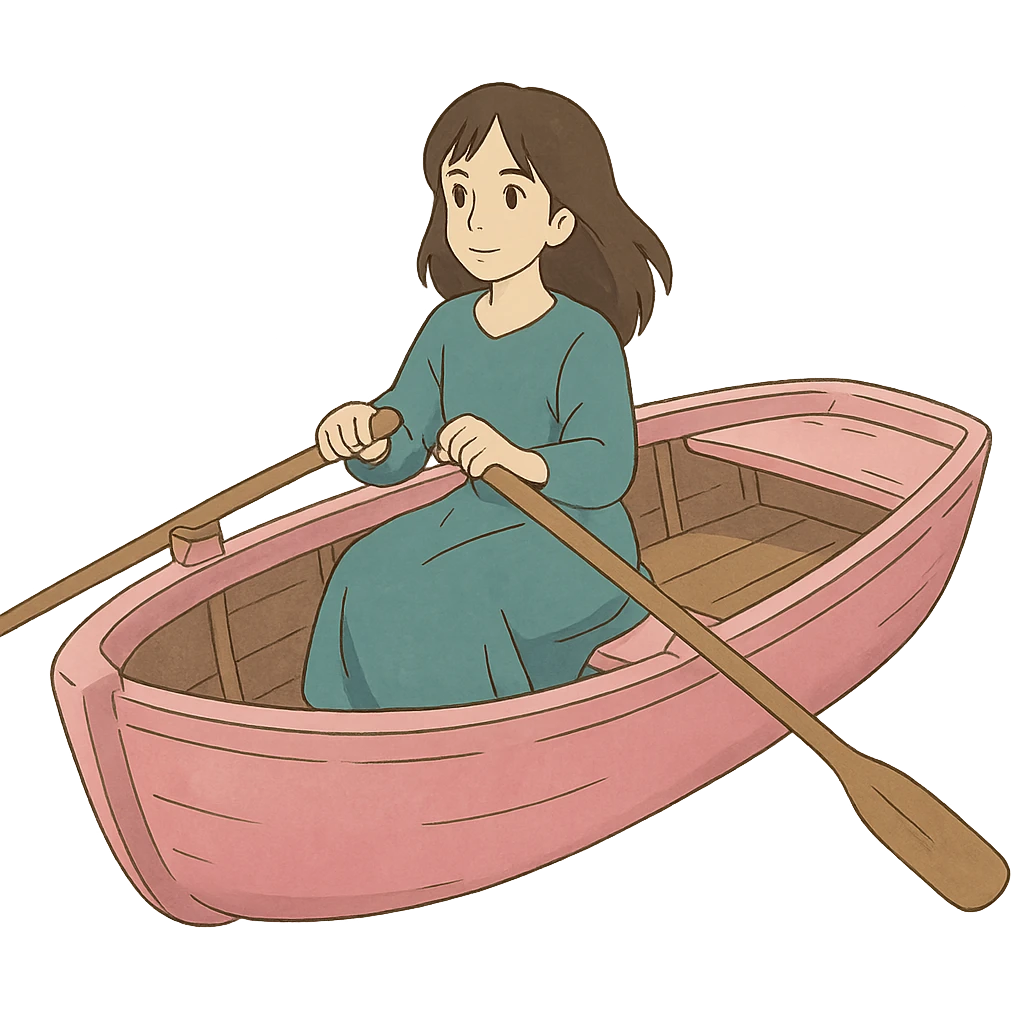 woman rowing a pink boat in ghibli style emoji