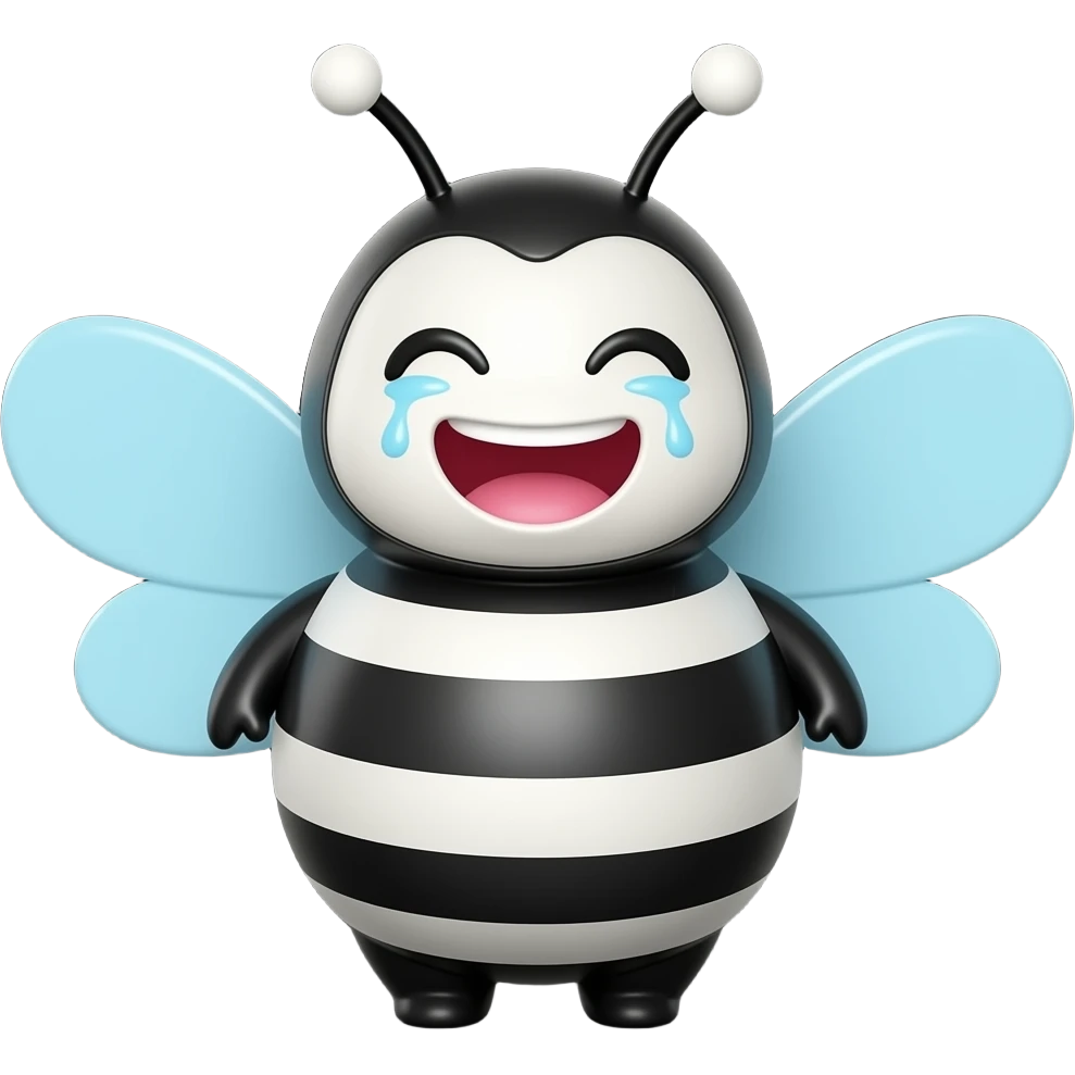 3D cartoon bee emoji, rounded chubby body, black and white stripes, eyes closed laughing, tears of joy, big open smile, light blue transparent wings, black antennae with white round tips, smooth shiny surface, black background emoji