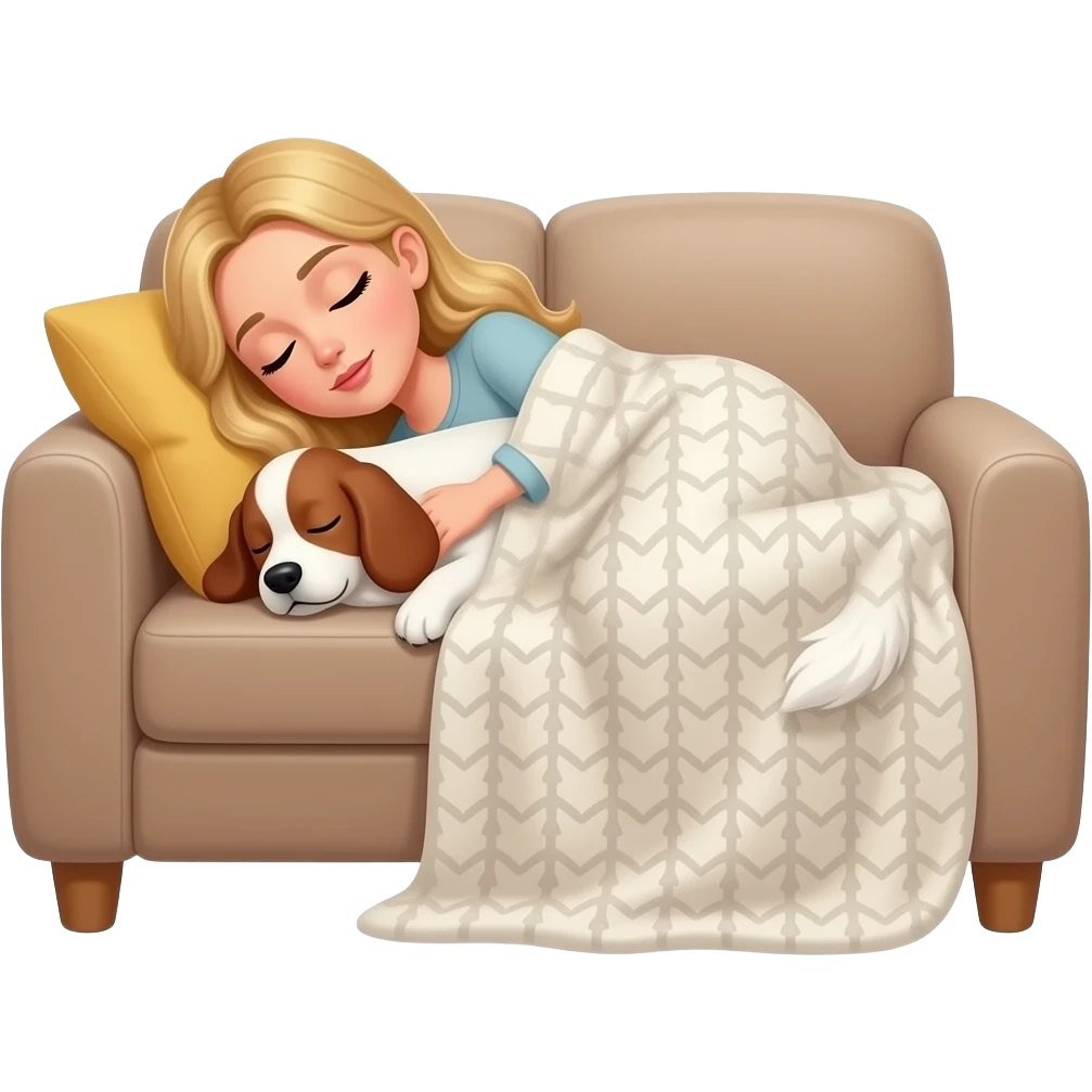 White woman with Long blond hair sleeping on sofa covered with blanket with a sleeping White/red cockerspaniel emoji