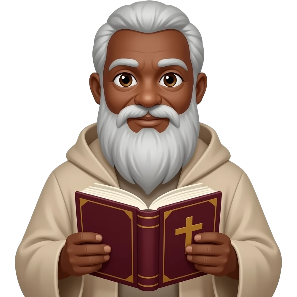wise old man with grey hair robe friendly brown eyes white beard dark brown skin with burgundy book that has a cross on it emoji