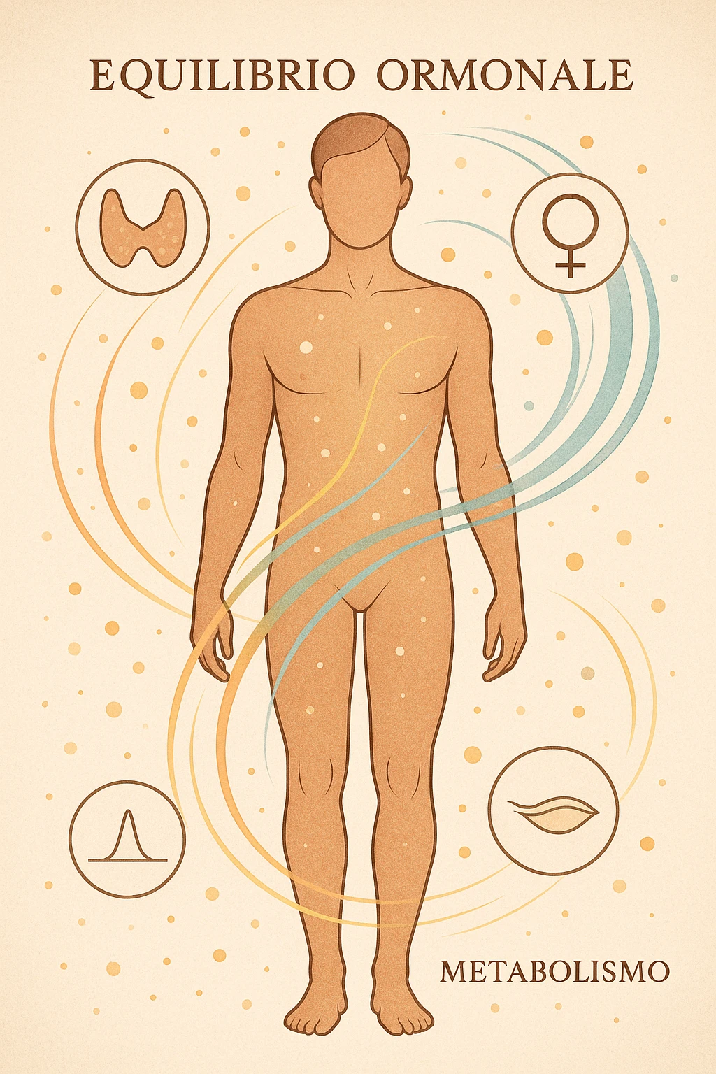 Il corpo è circondato da simboli delicati e bilanciati che rappresentano equilibrio ormonale e metabolico: piccoli cerchi, flussi energetici colorati, simboli stilizzati di tiroide, picco insulina, estrogeni. 4k immagine in italiano emoji