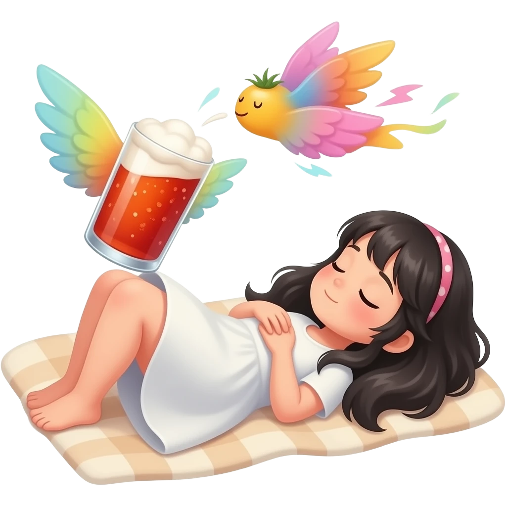 Спит девушка с черными волосами а ей снится летающее томатное пиво которое летает вокруг нее с крылышками emoji