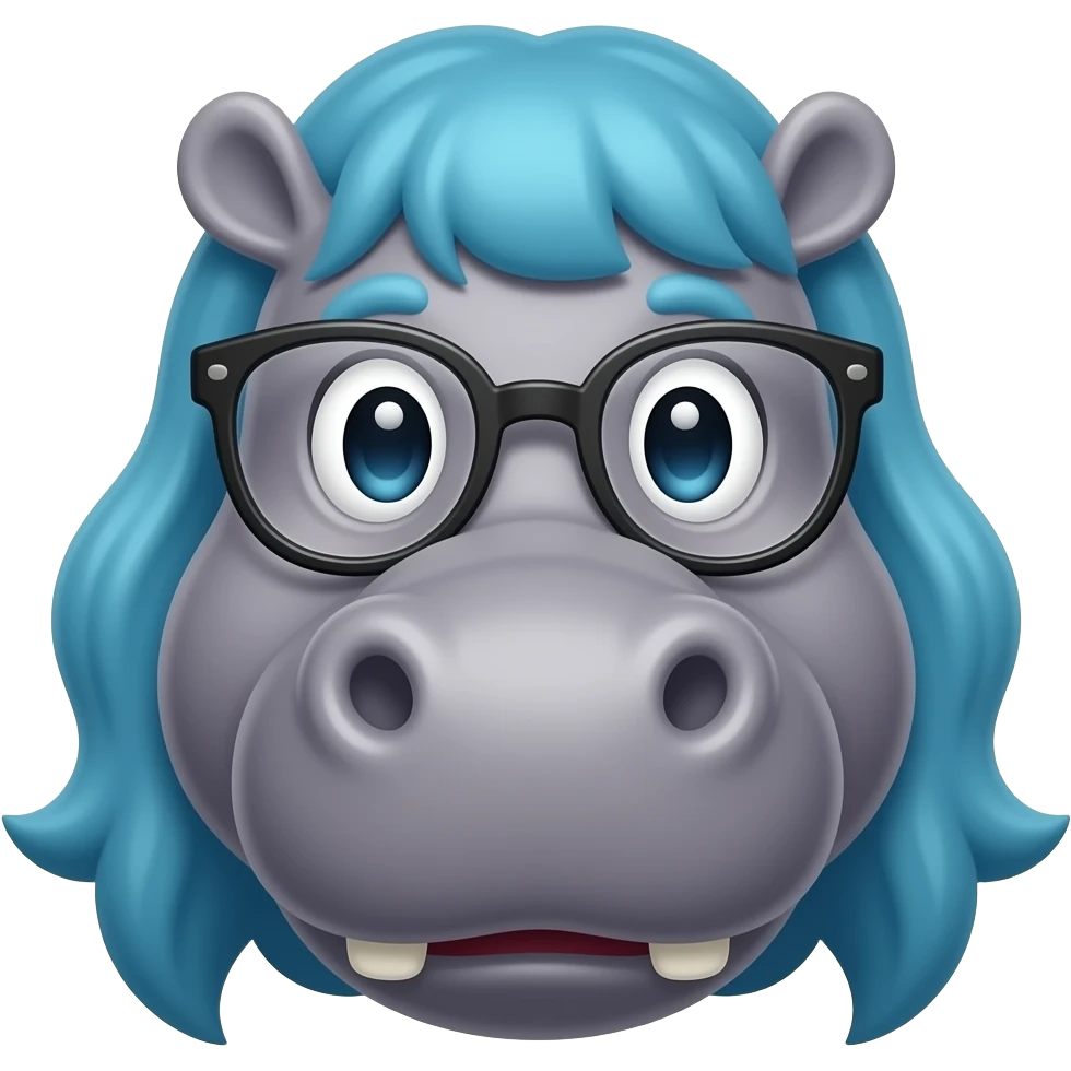hippo with spectacles face front view and blue long hair and emoji