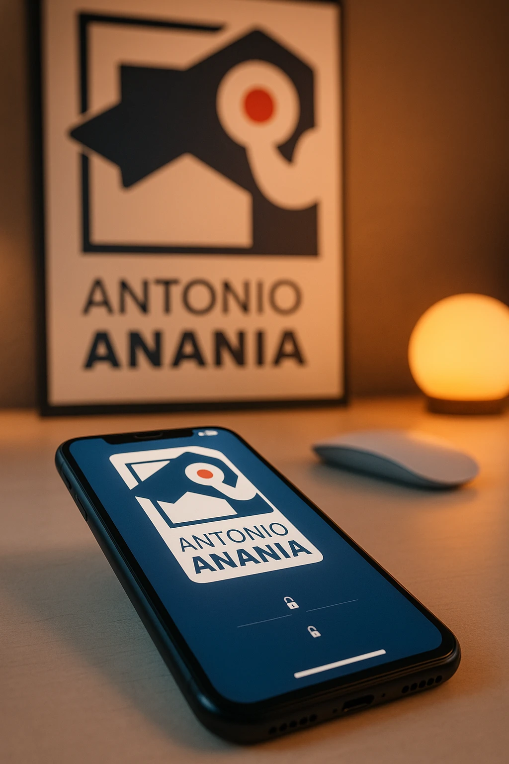A photo of an iPhone on the desk with the logo of "Antonio Anania" on its screen, The phone sits atop a desk with a blurred with the logo in the background that suggests work environment. A faint glow from above casts gentle shadows across the surface of each object, creating depth and highlighting their textures emoji