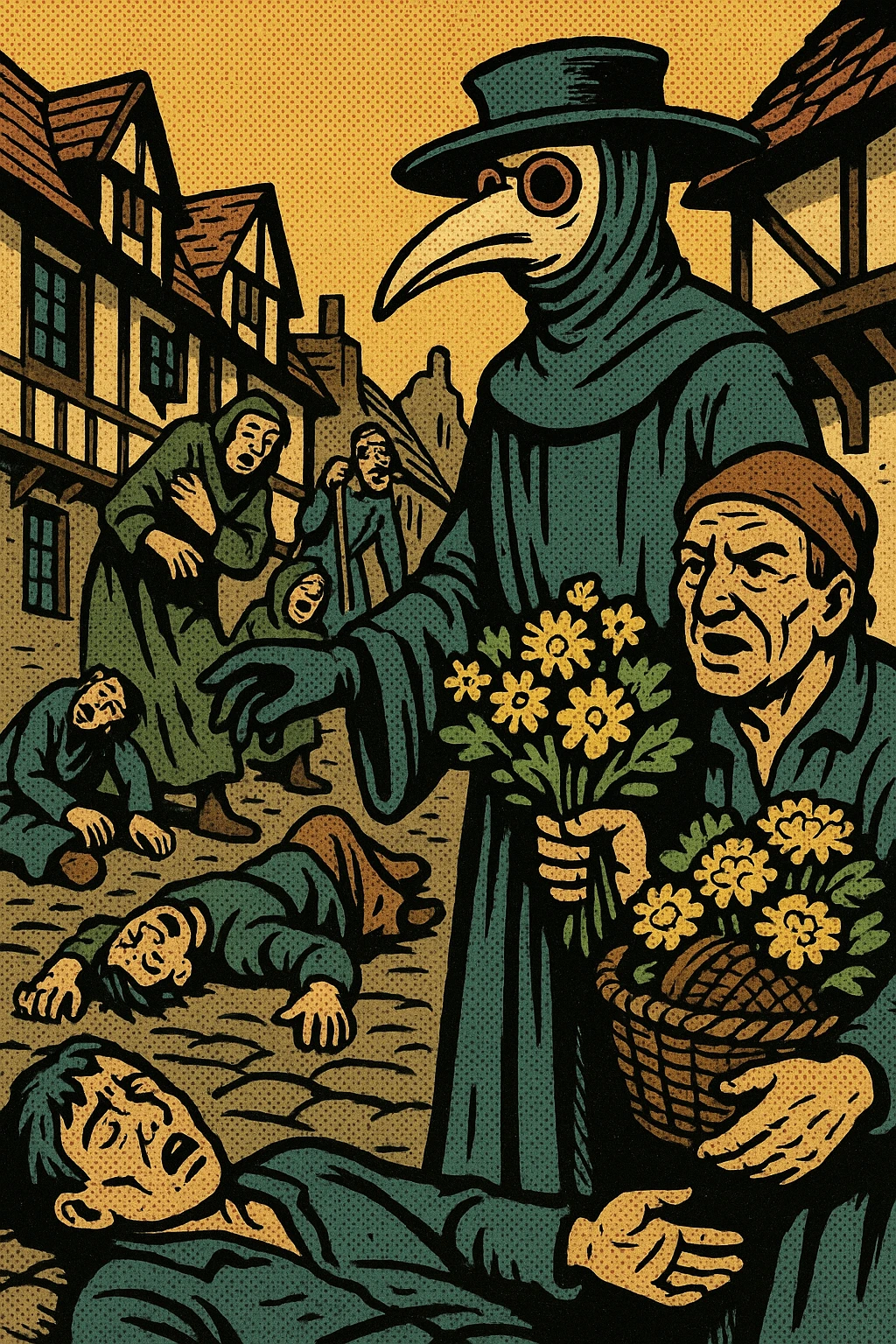 A street scene from a town in the 1600s in England with a plague doctor, several plague victims and an apothecary selling strong smelling flowers. This will show the Great Plague of 1665 emoji