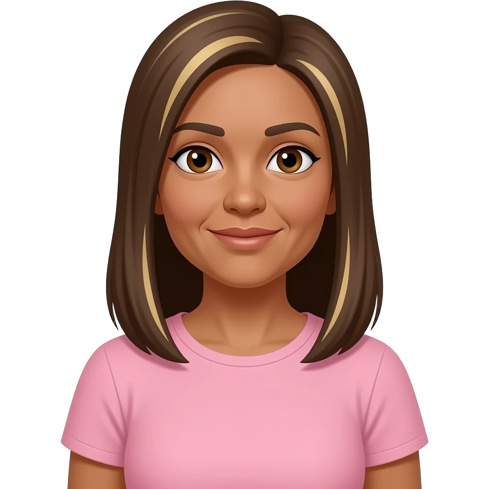 LI - woman, brown eyes, early 50s, brown long straight hair with a few blonde highlights, light pink t-shirt and brown skin emoji