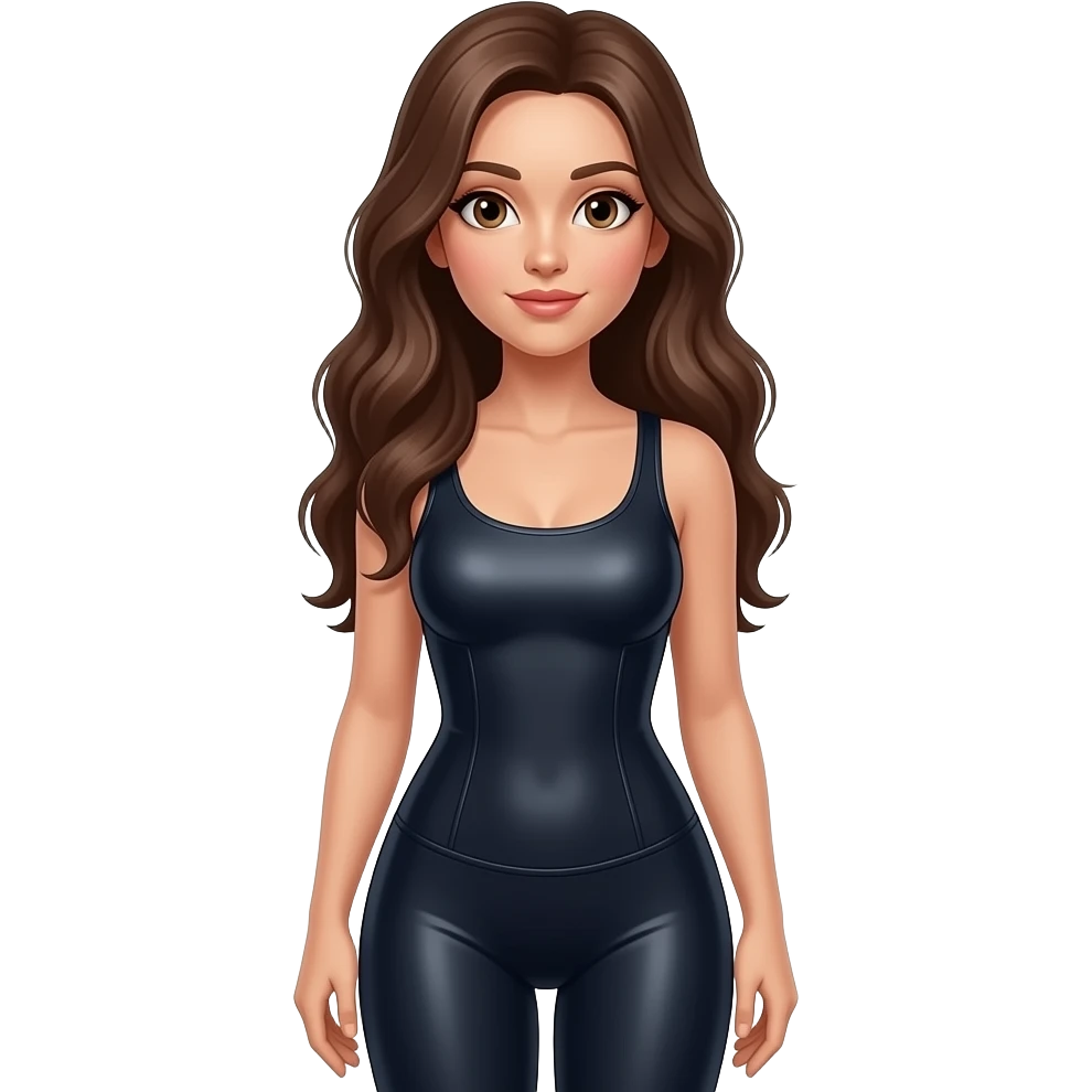 Full body female, brunette, long hair, brown eyes spandex emoji