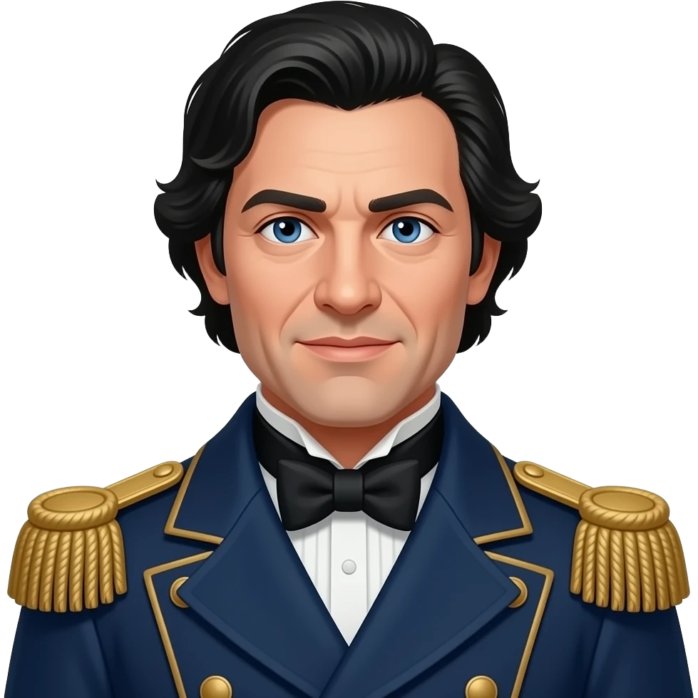Inspector Javert from Les Mis with blue eyes, black hair, dark blue military frock coat emoji