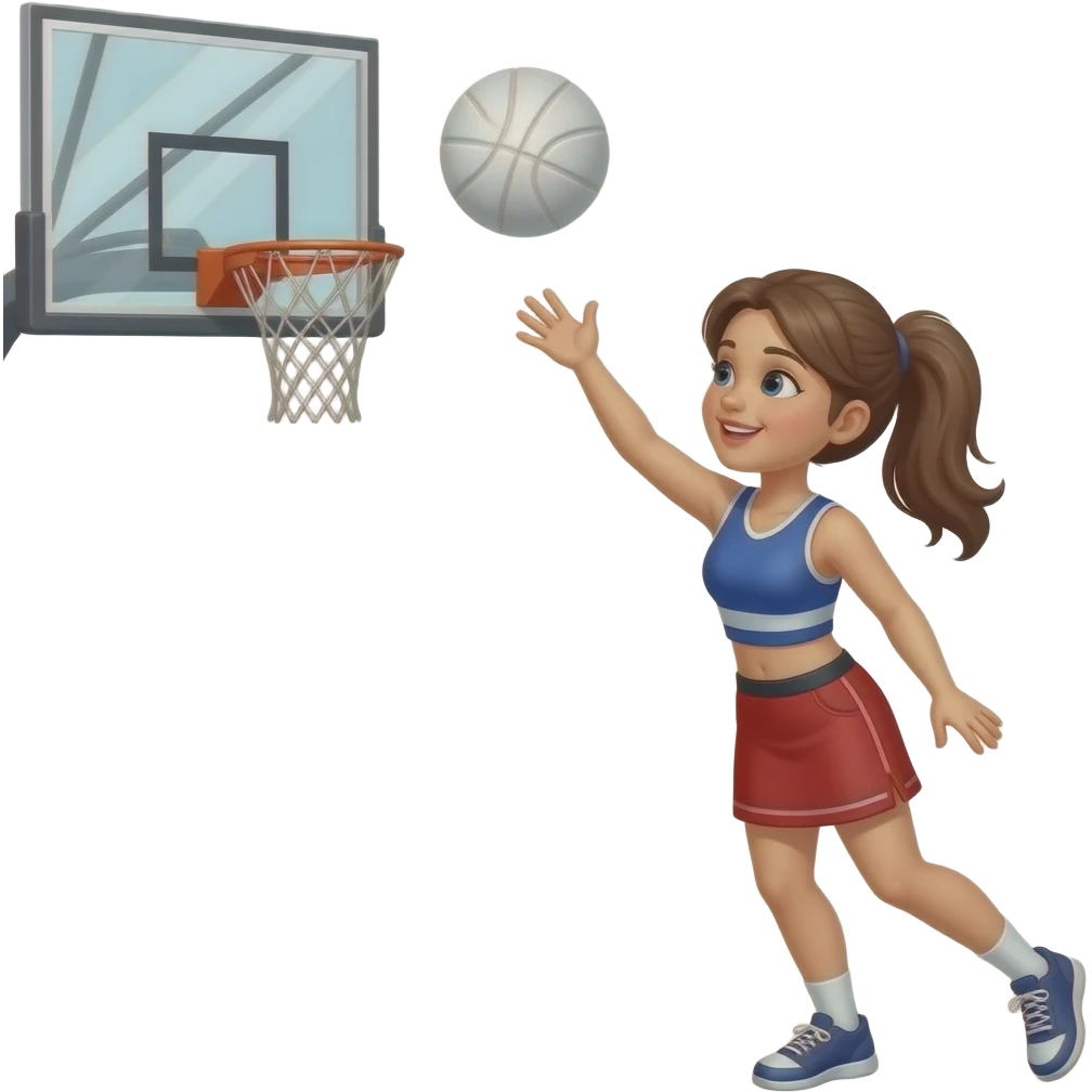 create a man throwing a ball into a basket ball net but with no back board so just the net. She is wearing a sports vest and skirt. The ball needs to be white, like a netball. Remove the board, only show the girl,and the basket emoji