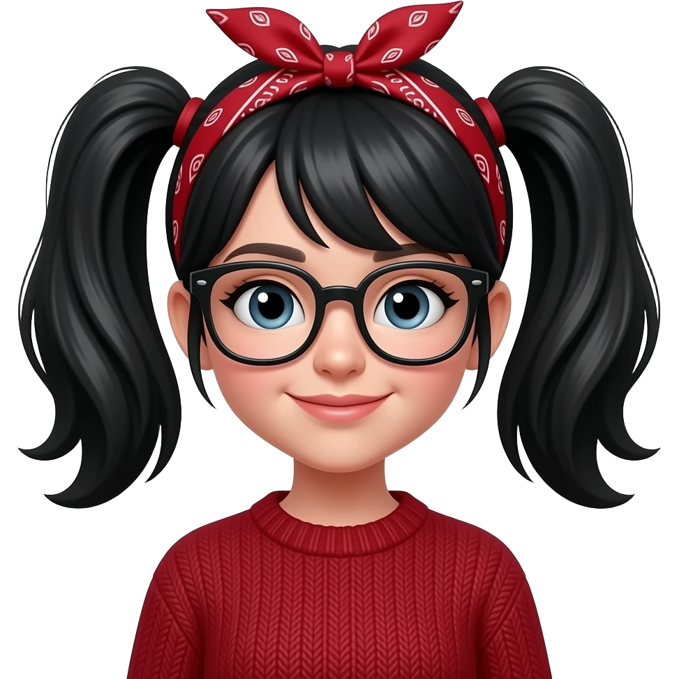 Emoji of a girl with two black pigtails, a red bandana, a dark red sweater and black glasses emoji