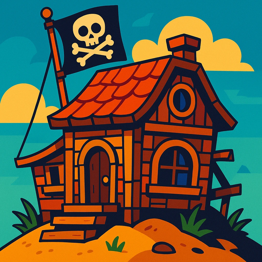 old pirate's house with skull flag emoji