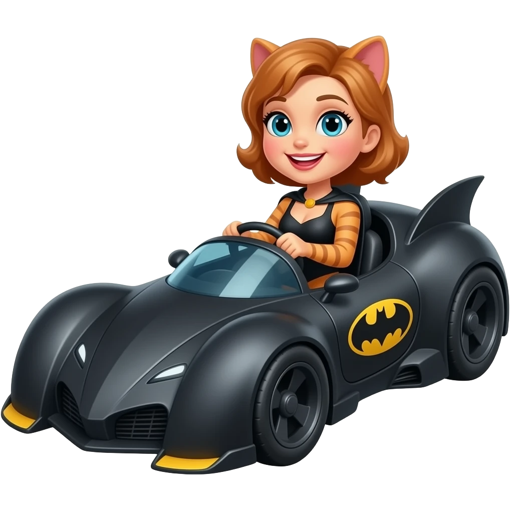 mulher gato sorrindo dirigindo o carro batmóvel emoji
