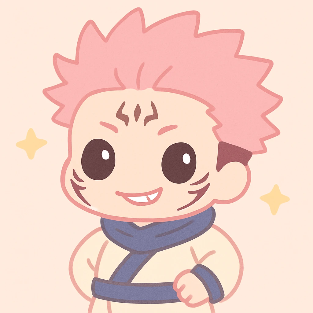 Sukuna stylized as a chibi character, mischievous grin, pink hair, anime style emoji