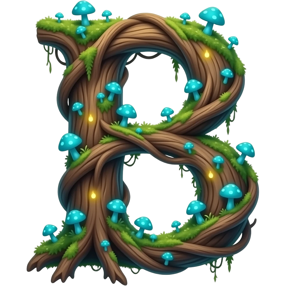 Magical letter 'B' formed from twisting ancient tree roots, overgrown with tiny neon-blue mushrooms and bioluminescent moss. Soft fireflies orbiting the letter, enchanted forest atmosphere, macro photography style emoji