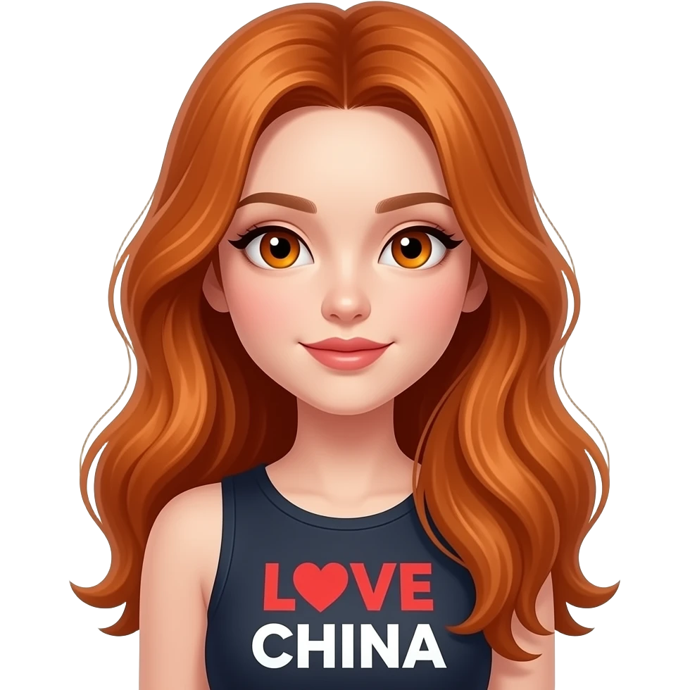 sexy girl with long ginger hair and ginger eyes a top with LOVE CHINA written on it emoji