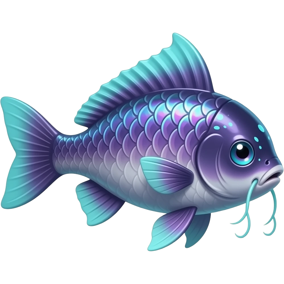 Realistic elegant dusky iridescent-scaled slim smooth shiny glossy elegant mature bioluminescent oil-dark, purplish, neon-cyan-accented, fishy back-finned, abyss-fantasy-Koi-Carp-Lykoi-Bambino-Vaporeon-Umbreon-Civet-Fakémon-fusion, with thin neon-glowing bulb-whiskers, koi-piebald-flecked full body emoji