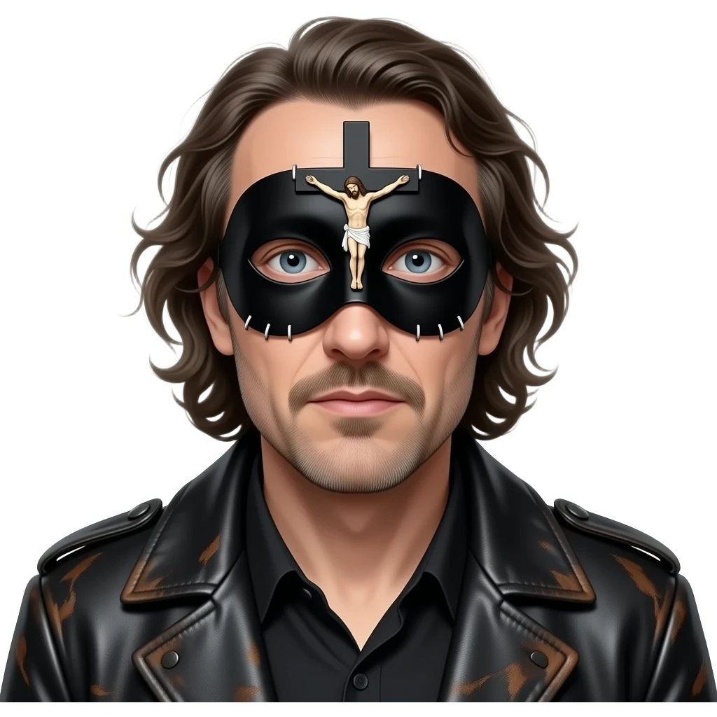 Joel-Peter Witkin, 45 degrees portrait, wearing a small black Venetian Masquerade mask with a crucified Christ over his eyes: the miniature body of Jesus is sewn onto the black track between the eyes of the portraited person, wearing a worn leather coat, unshaven and very disheveled long hair emoji