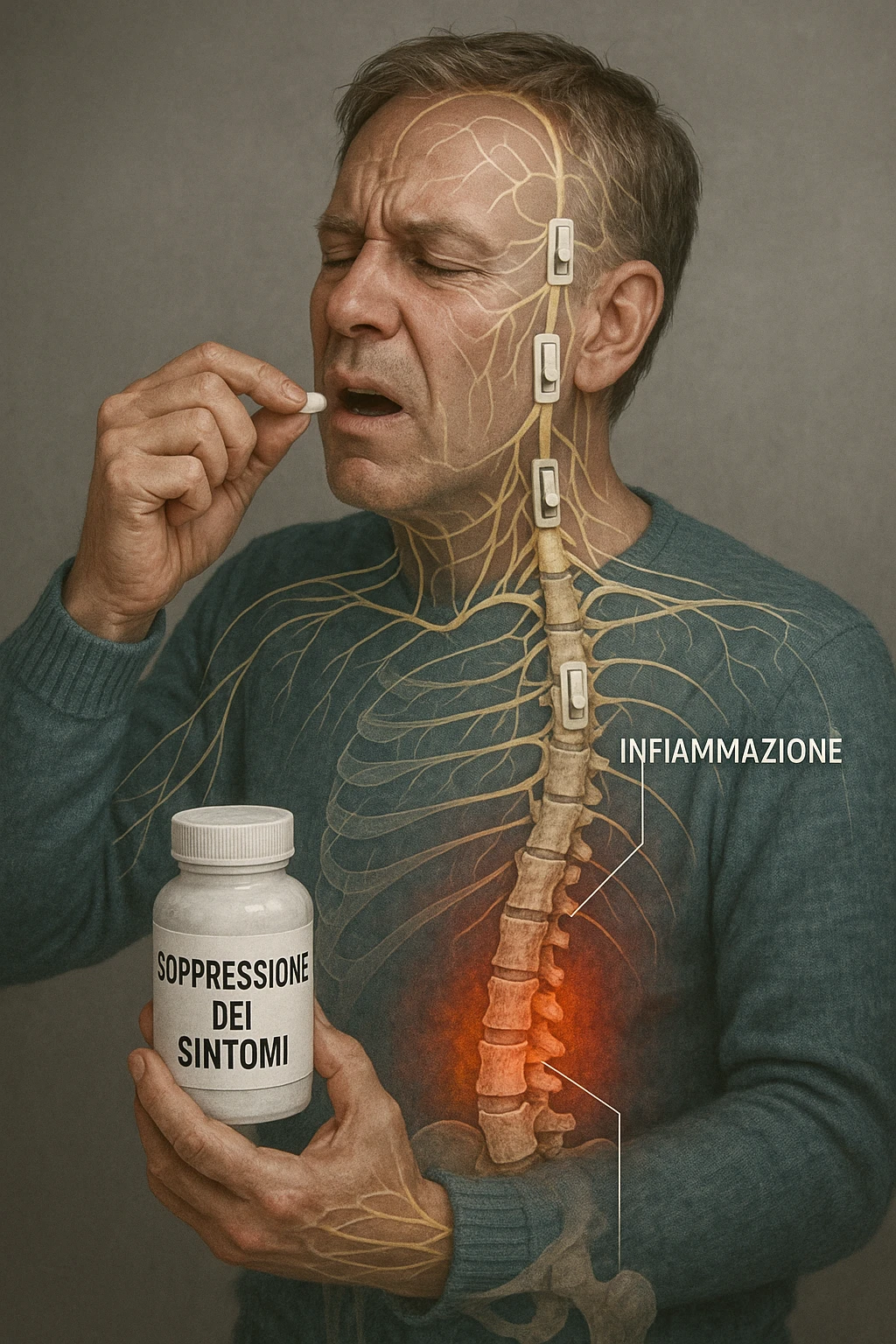 Realistica Man taking pain medication for chronic back pain, pills shown as dimmer switches turning down pain signals in transparent nervous system overlay, underlying spinal damage remaining completely untreated and worsening, expression of temporary relief masking progressive deterioration, medication bottle labeled 'symptom suppression' not 'cure', root cause inflammation continuing to spread in italiano emoji