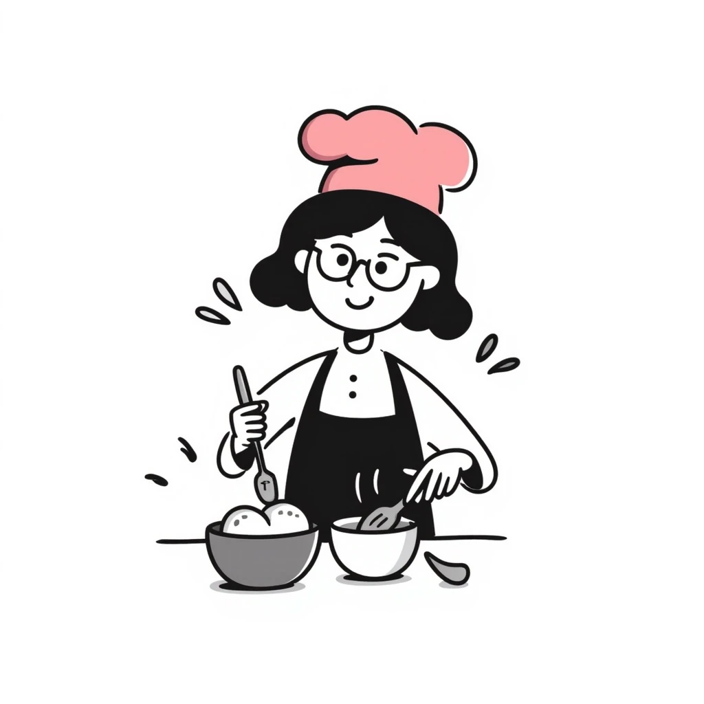 a girl with glasses and a pink kitchen hat cooking, hand-drawn doodle style emoji