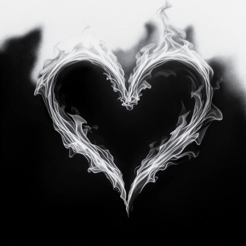emo heart with flames, black and white dslr photography style emoji