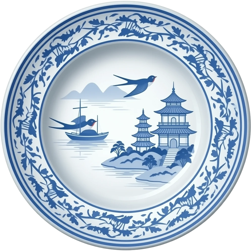 chinoiserie blue willow china pattern oblong platter with a boat, pagodas and two swallows emoji