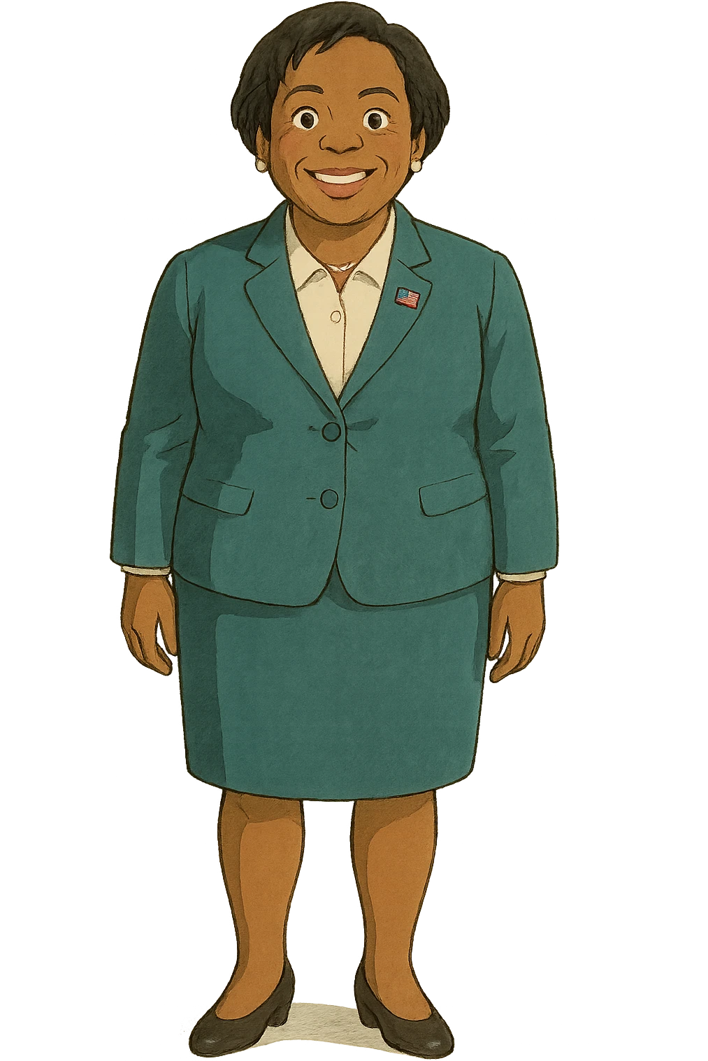The full body of a modern day middle aged black female politician wearing a suite and smiling emoji