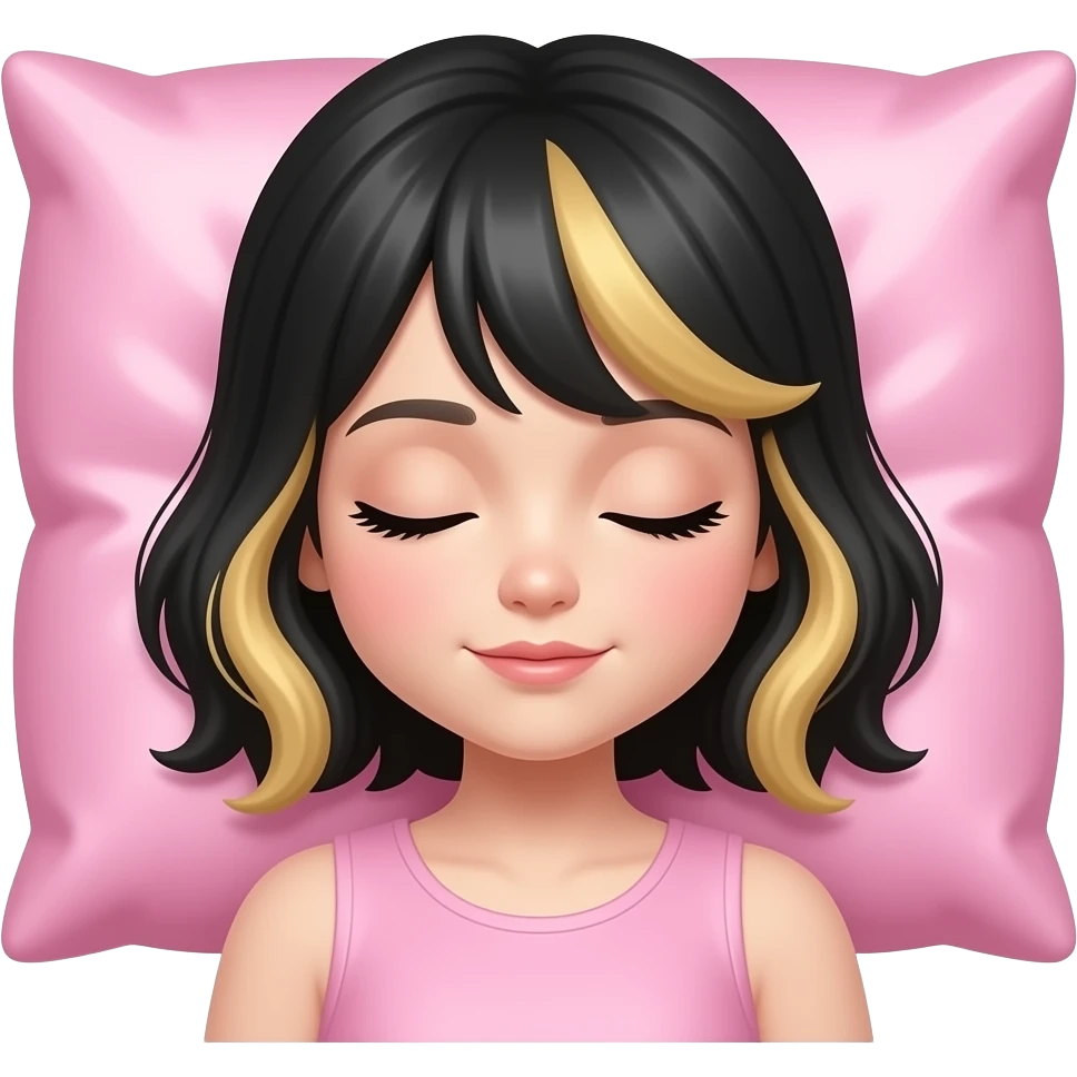 sleeping beauty girl with pale skin and black hair with blonde highlights with a pink silk pillow emoji