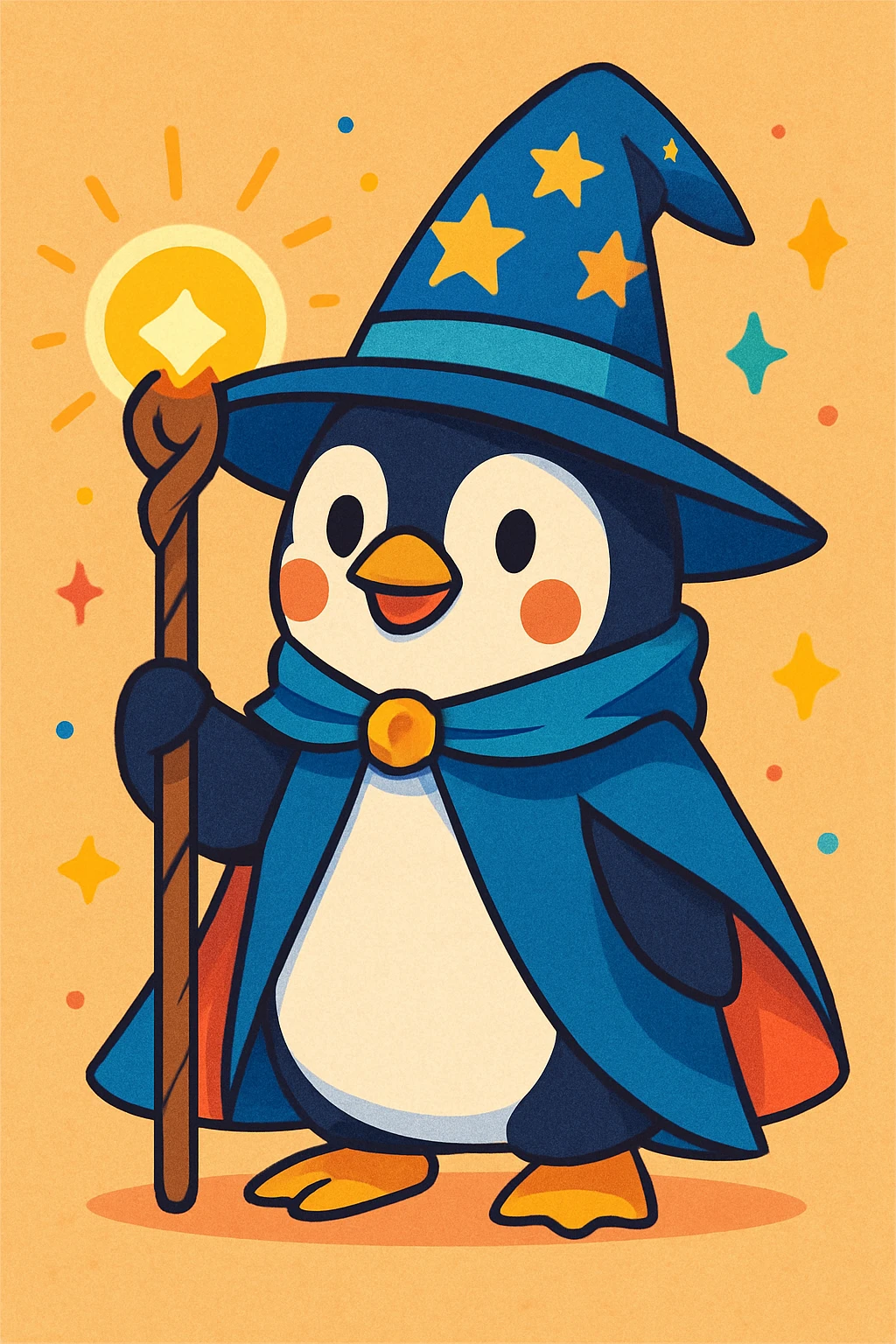 a penguin dressed as a wizard, with a pointy hat and a magic staff, fun whimsical style, colorful vibrant toon illustration emoji