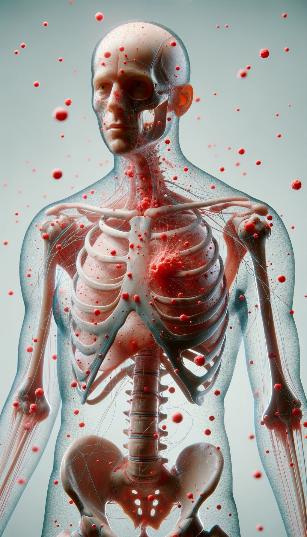 CORPO UMANO ANATOMICO CON RED SPOT DI INFIAMMAZIONE SPARSI SUL CORPO, SFONDO CHIARO, iperrealistico 4k emoji