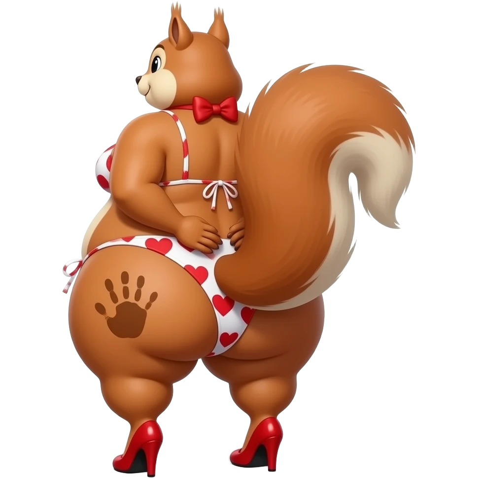 A tall really extremely fat heart shaped red and white bikini big booty bbl squirrel showing back its massively big thighs and buttocks while putting her hands behind the wall and it has a brown colored hand print on her left buttocks and it with a red bow tie on her head wearing red high heels emoji