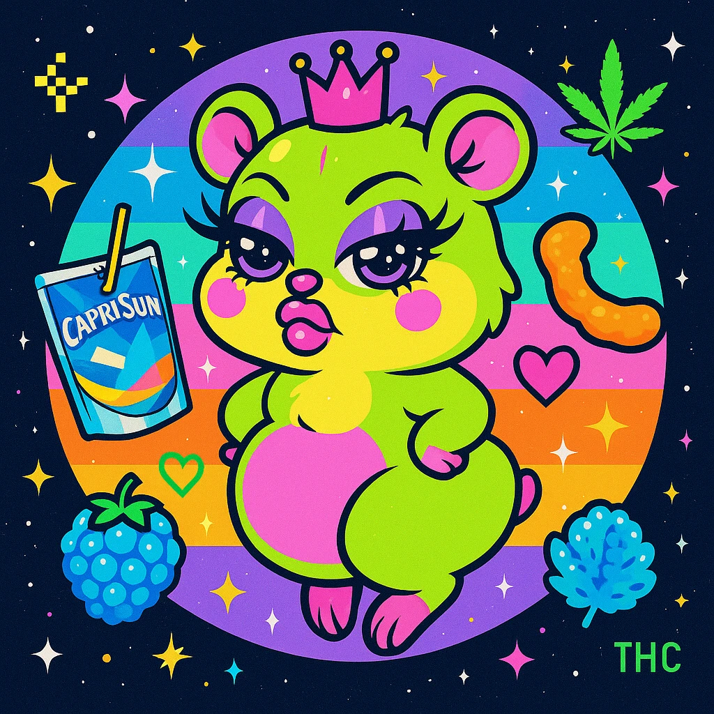 Vibrant square Discord server icon featuring a thicc, cute alien hamster girl with big lashes, pouty lips, bratty attitude, lime green or pastel pink fur, tiny hot pink crown, sparkly eyes. She is floating in space or in front of a colorful vaporwave-inspired backdrop. Surround her with nostalgic snacks like Capri Sun, cheese puff, glowing blue raspberry. Add playful elements such as sparkles, webcore pixels, neon hearts, weed leaf, and a subtle 'THC' logo in the background. Bright pastel or neon tones with Y2K, Lisa Frank, and Tumblr 2012 energy. The style is playful, bratty, chaotic but polished. No text. Designed to look good in a circle crop. emoji