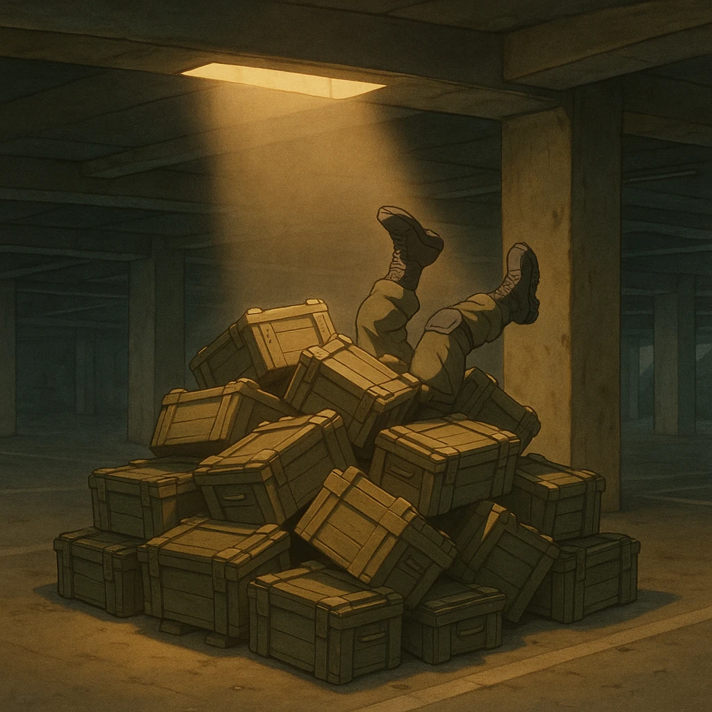 A pile of small oblong crates hidden in a parking structure with a beam of light shining from above, with someone’s boots sticking out like they dove in, tactical gear clothing  emoji