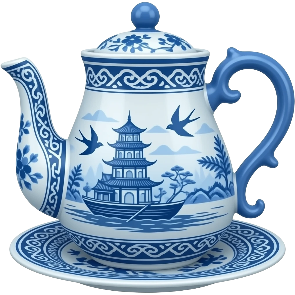 chinoiserie blue willow china pattern creamer and sugar set with a boat, pagodas and two swallows emoji